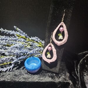 Hand Crafted Lilac Crochet Earrings with Pearl and Floral Charm